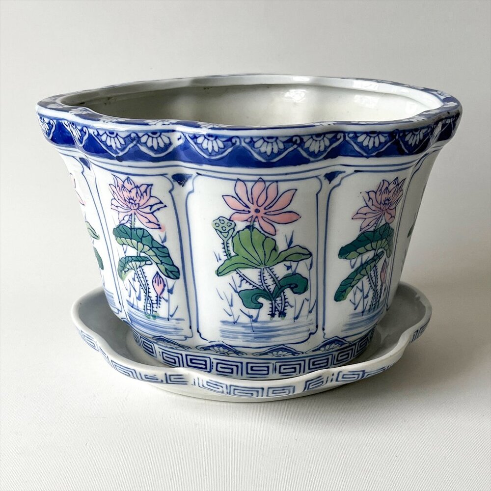 Vtg Chinese Lotus Porcelain Planter Pot Saucer Scalloped Bonsai Hand Painted